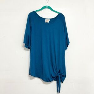 GRACE & EMMA Women Pullover Crewneck Blouse Ruffle Short Sleeve Teal Size 2XL